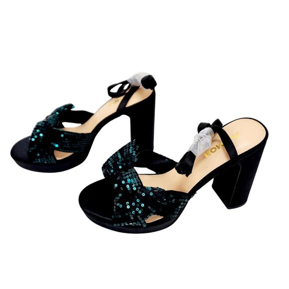 Amoji Womens Sequin Bow High Heel Sandals Black/Green Size 38 /US 8 - Picture 12 of 16